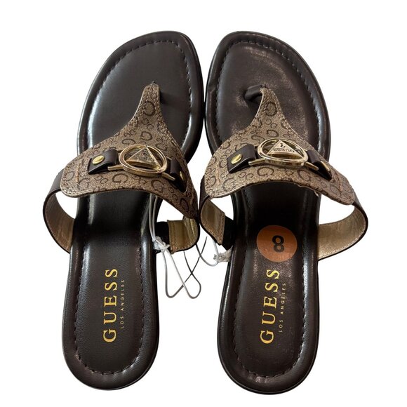 Guess Womens Monogrammed Brown Sandals With Gold Logo & Open-Toe Design Size 8 - Picture 2 of 13